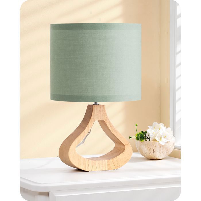 EDISHINE Lampe à Poser Moderne avec Abat-jour en Lin et Base en Bois Teinté Chêne Clair, Ampoule LED E27 Incluse
