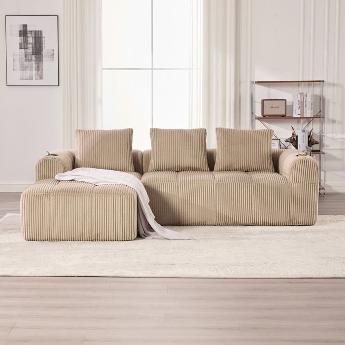 Modular 3-Seater L-Shaped Convertible Sofa with Cup Holders, Corduroy Corner Sofa Bed with 3 Cushions, Khaki