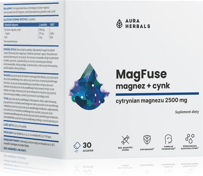 „Aura Herbals MagFuse + Zinc“ maisto papildų paketėliai veiksmingam magnio papildymui