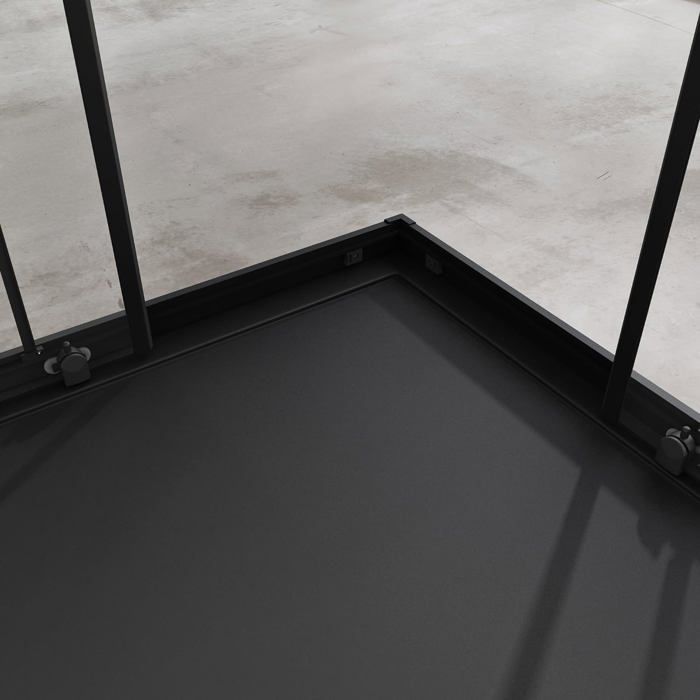 Mampara de ducha esquinera doporro de 140x90 cm con puertas correderas Ravenna16K-Plus, perfil negro.