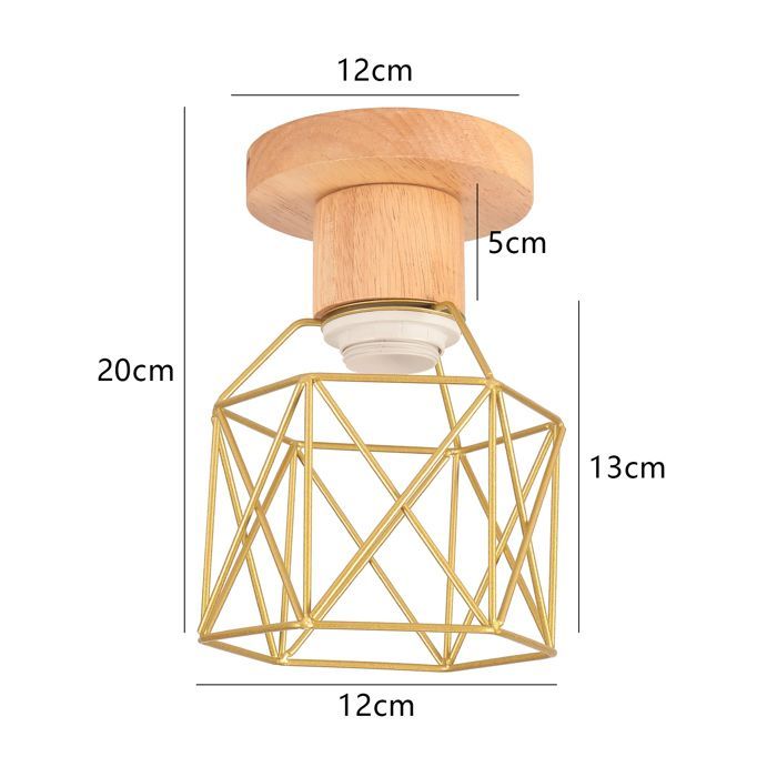 SNOGOLD Plafonnier Industriel Lampe de Plafond Rétro en Métal et Bois, Vintage E27 Luminaire Hexagone Cage Doré pour Salon Chambre