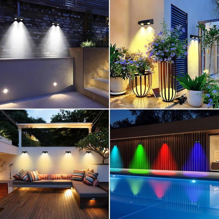 Lampe Solaire Exterieur Jardin,Lot de 4 Applique Murale Solaires 11 Modes Étanche LED Lumières de Clôture Éclairage Décoration