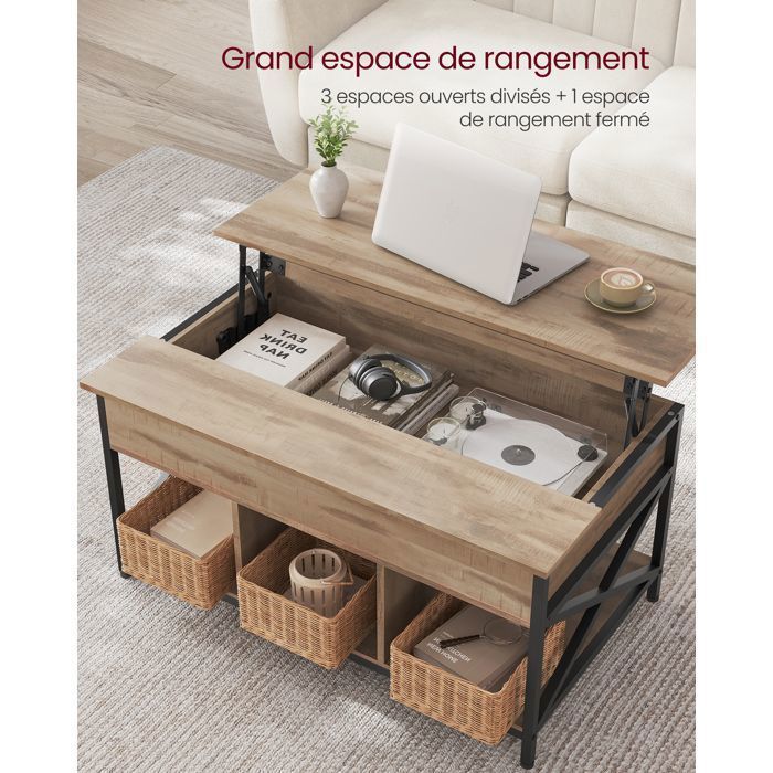 Table Basse Relevable, Rangement Ouvert et Compartiment Caché, Barres en Forme de X, 60 x 100 x (48-62) cm, Marron chêne et Noir