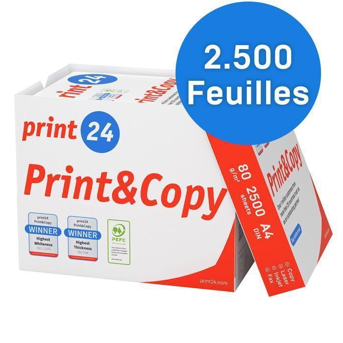 Carta per stampanti e fotocopiatrici print24, 2500 fogli, formato A4 (5 x 500), bianca di alta qualità, certificata PEFC.