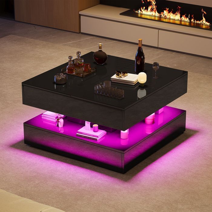 Salontafel - Modern - Uitschuifbaar blad - 2 lades - LED-verlichting - Zwart