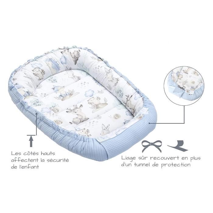 Reducteur de Lit Bebe - Réducteur Bébé 100x60x15cm Cocon et Naissance couffin Nid 100% (Cerf et hérisson avec Bleu Clair Gaufre)