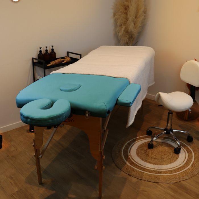 Folding 3-section wooden massage table with Reiki panel + Accessories and carrying case - Turquoise blue - Vivezen