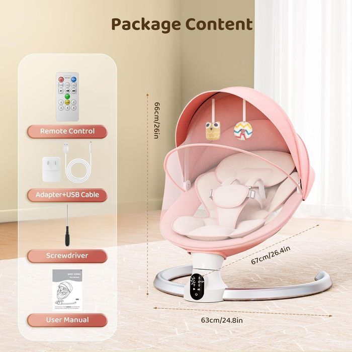 Elektrische babywipper met muziek, 5 schommelstanden, 3 timers, afstandsbediening en Bluetooth, tot 9 kg