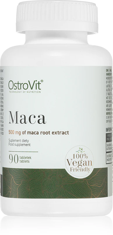 Comprimidos de suplemento alimentar OstroVit Maca para promover potência e vitalidade.