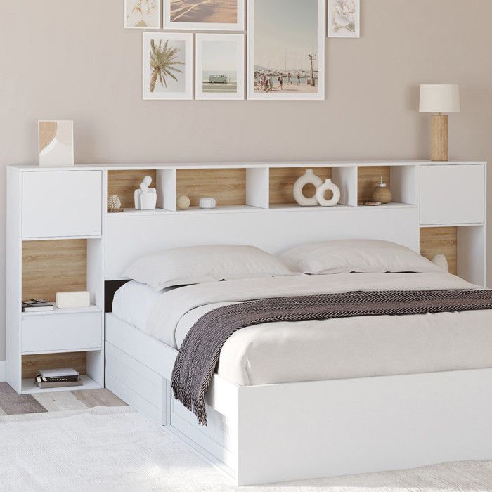 Cabecero independiente IDMARKET CAMPHA de 240 cm con mesitas de noche, cajones, armarios y nichos en madera y blanco.