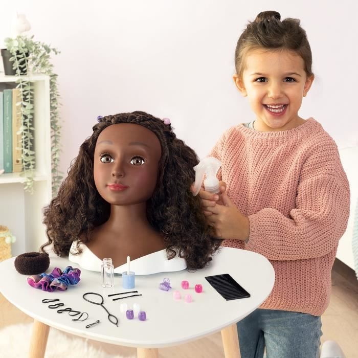 Smoby - Testa per acconciature con capelli afro - Facile da acconciare - 23 accessori realistici - Labbra termosensibili - Scomparto portaoggetti