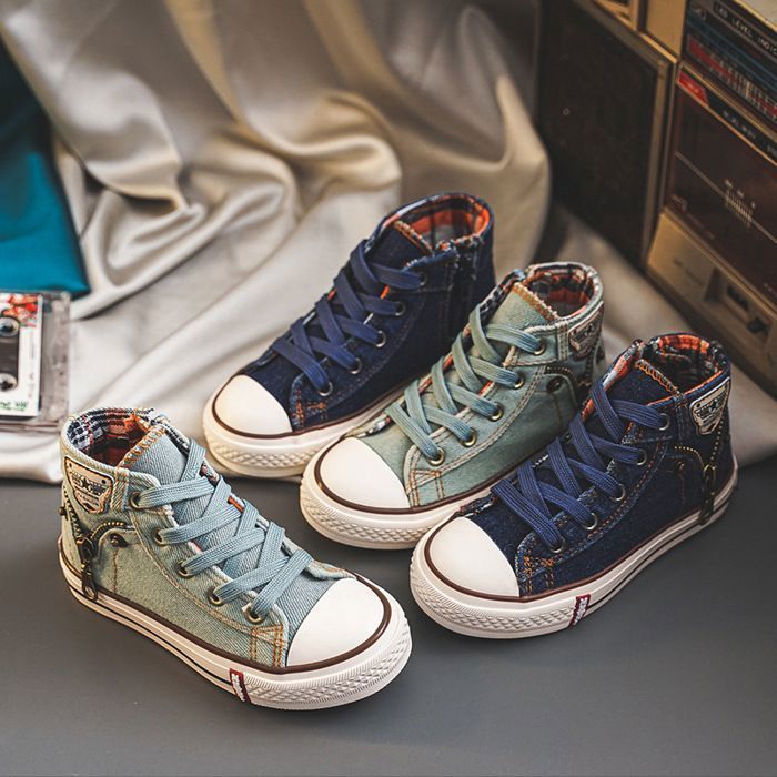 Baskets Haute en Toile Enfant Chaussures Léger en Denim Respirante Antidérapant Pour Garcon et Fille - Bleu Clair