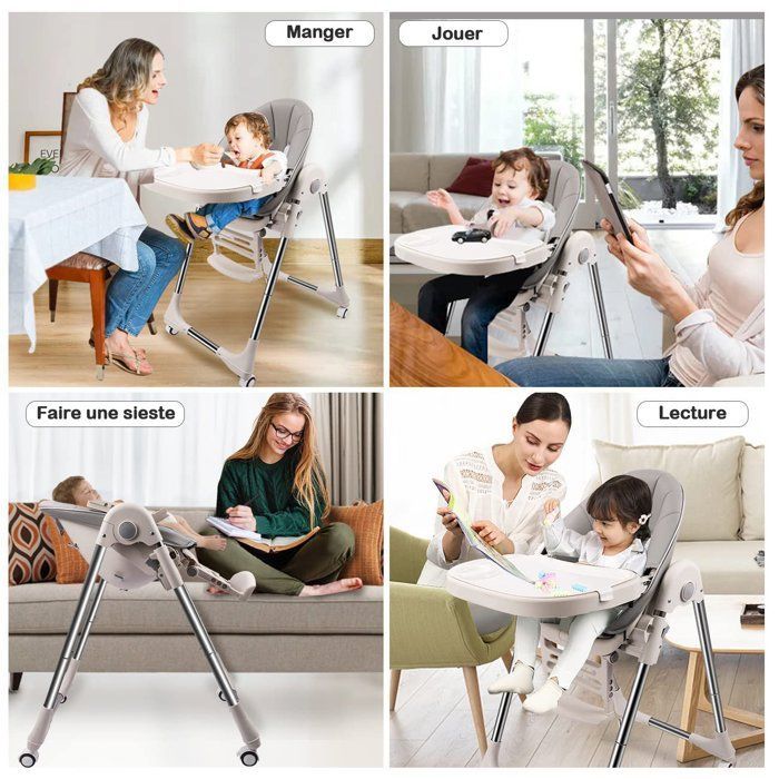 Trona plegable convertible para bebé - Altura ajustable - Bandeja extraíble - 4 ruedas giratorias - Asiento cómodo