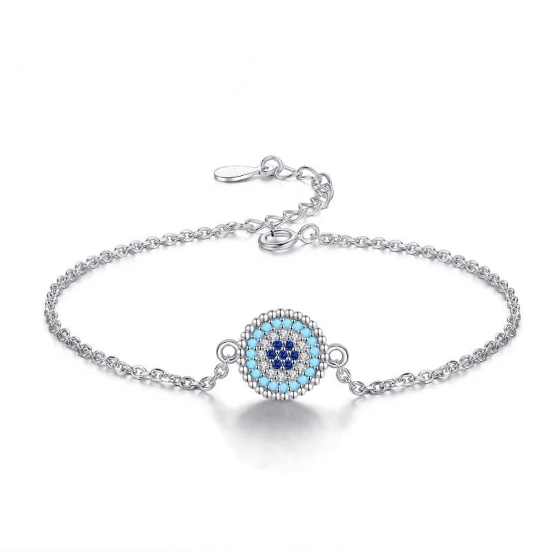 Pulseira de tênis com elos em prata de lei 925 e zircônia cúbica azul redonda, com olho grego, para mulheres.