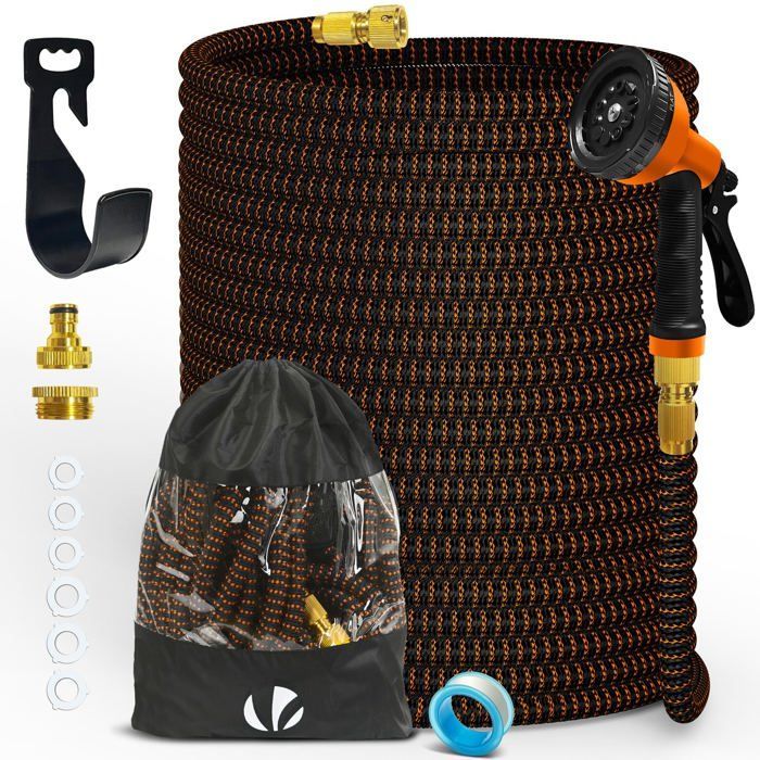 Manguera de jardín extensible reforzada VOUNOT® de 45 m, color naranja - 10 modos - conector y bolsa de almacenamiento incluidos - flexible y a prueba de fugas