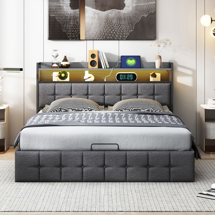 Cama con almacenamiento de 160 x 200 cm, cama de 160 x 200 con somier de láminas, cama para adultos con puerto USB y LED, estructura de cama con cabecero, color gris, lino.