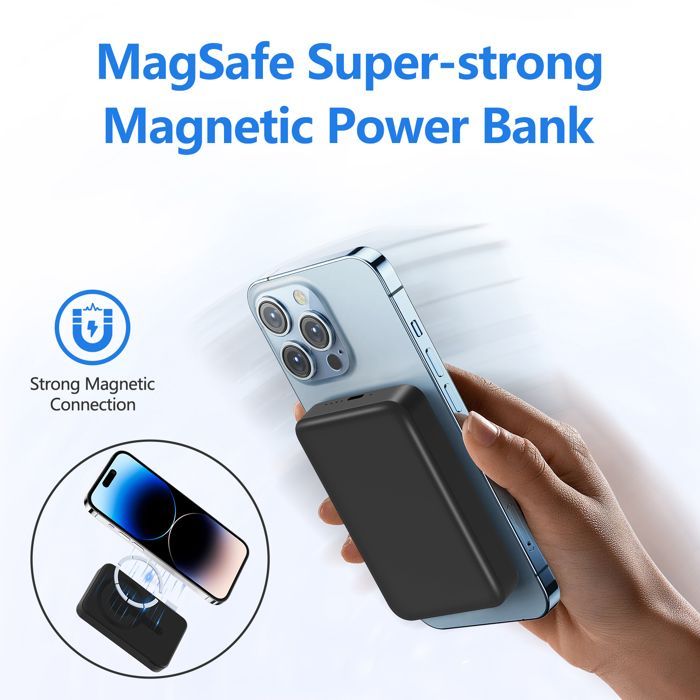 Bateria externa magnética sem fio de 10000 mAh, 22,5 W, preta, porta Tipo C, carregamento rápido, para iPhone 12-16 com capa MagSafe.
