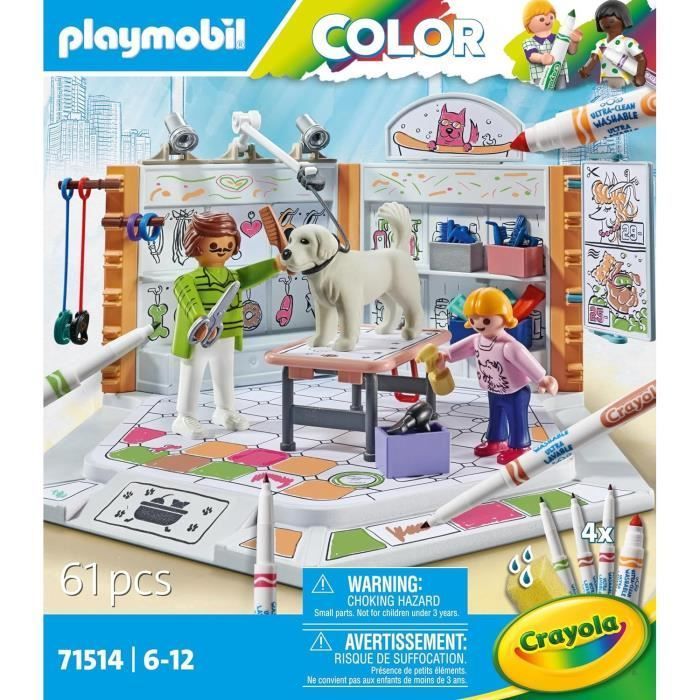 PLAYMOBIL Kleurenset 71514 Trimsalon, Crayola kleurpotloden om op de figuurtjes te tekenen, 61 onderdelen, Geschikt voor kinderen vanaf 5 jaar