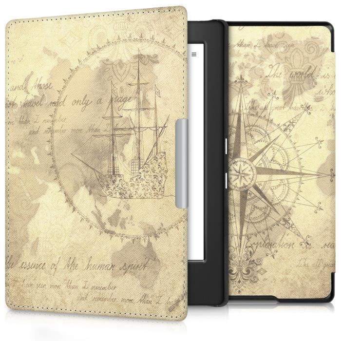 Étui liseuse - KWMOBILE - Kobo Aura H2O Edition 1 - Simili cuir marron - Mappemonde vintage - Rabat magnétique