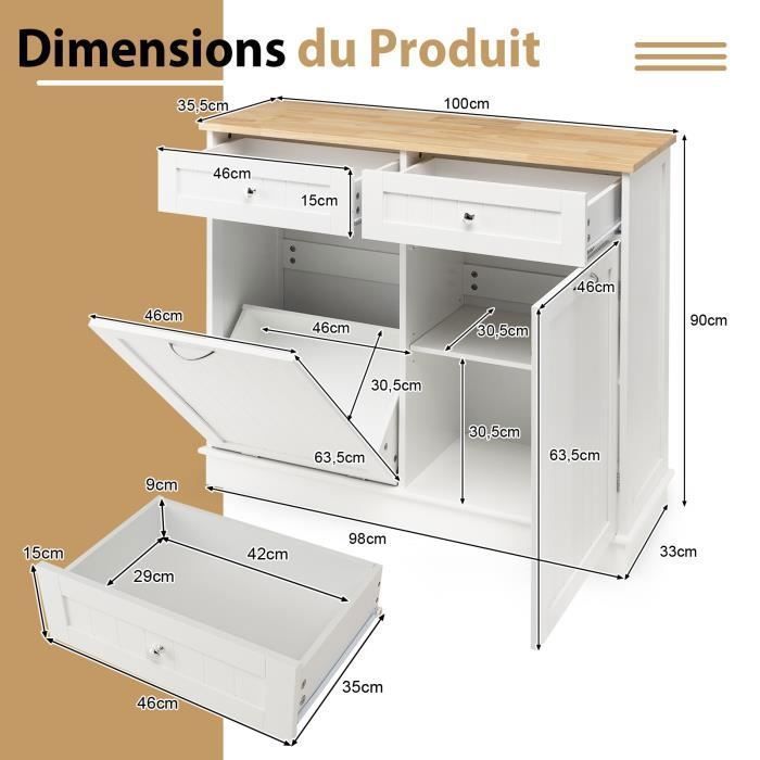 Aparador de cocina COSTWAY con superficie de goma, 2 cajones, estante ajustable y armario para alojar un cubo de basura de 42 litros, blanco.