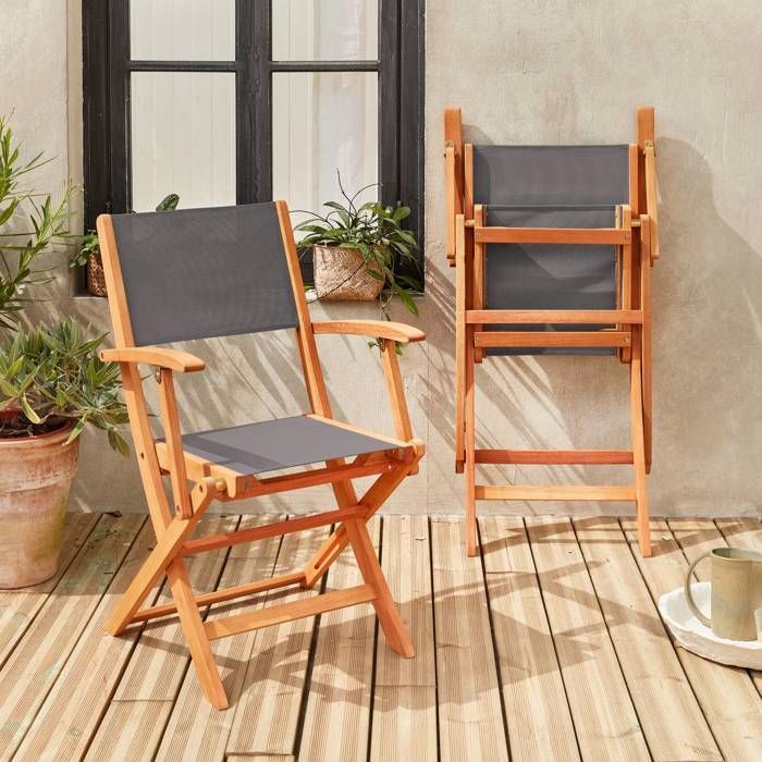 Sillones de jardín en madera y textilene - Almería Gris Antracita - 2 sillones plegables en madera de eucalipto aceitada y textilene