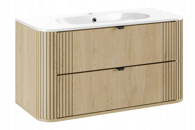 Zestaw OVALIA 100 cm Dąb Cremona ryflowany umywalka PURE czarne uchwyty
