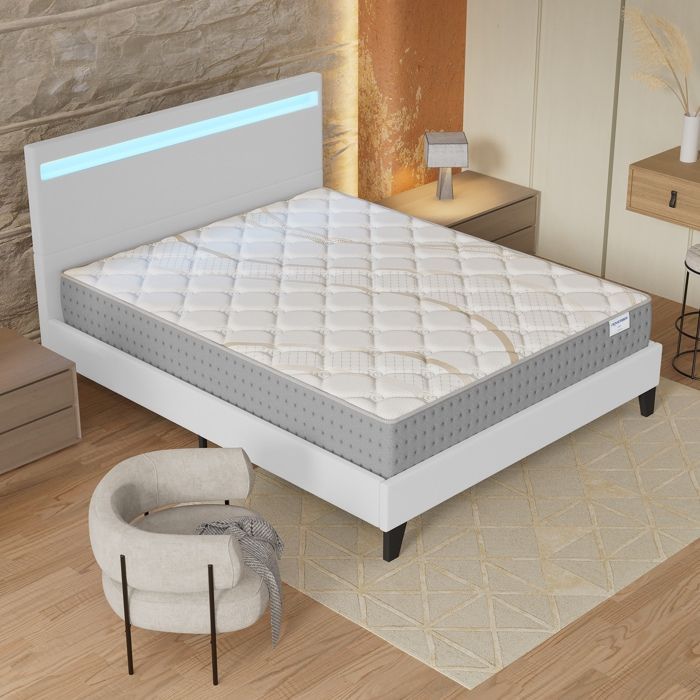 Colchón y cama (140x200cm) - Muelles ensacados Essem de 25cm y espuma de alta densidad + Base de láminas estable y cabecero LED Blanco