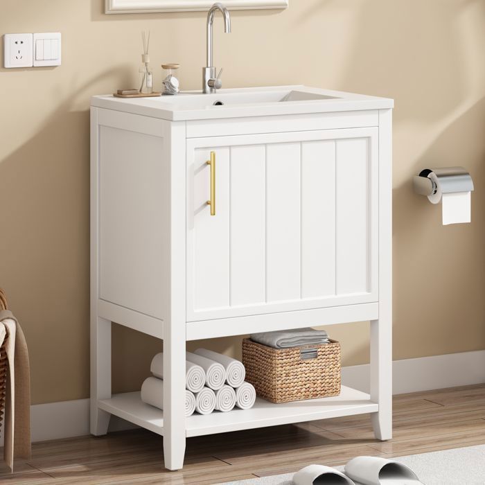 Meuble de salle de bain simple lavabo,meuble sous lavabo 60 cm avec lavabo en céramique,avec étagère,blanc