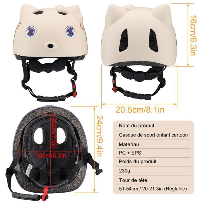 Wozwe® Children's Cartoon Sports Helmet, for Bicycle, Scooter, Balance Bike, Roller Skates, etc., Beige (Ages 2-14)