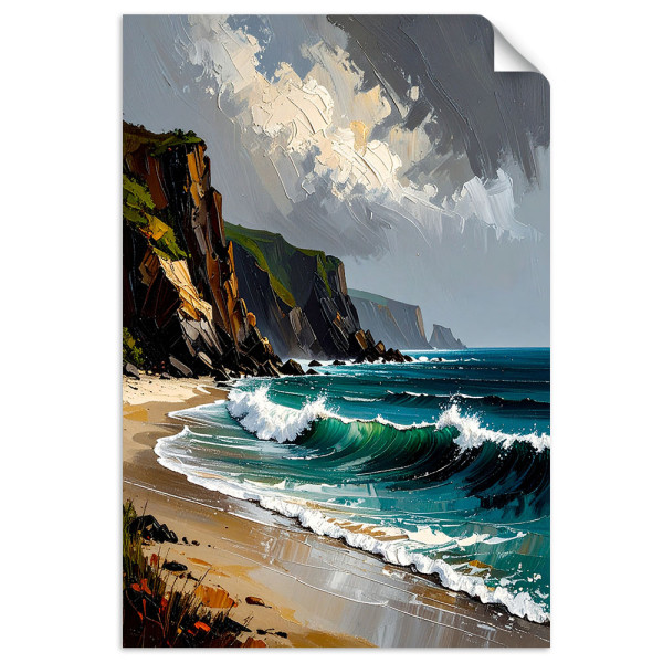 Plakat samoprzylepny do salonu sypialni Feeby Morze Plaża Skały Góry 20x30
