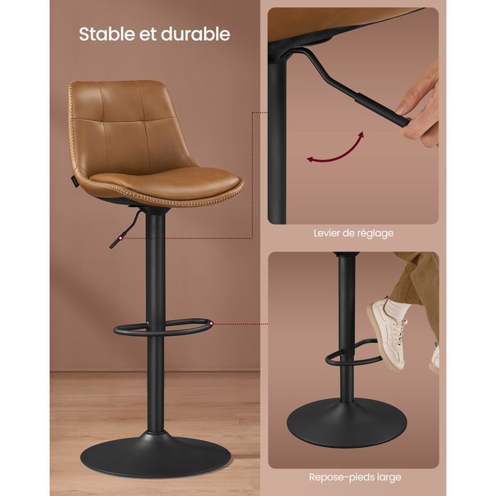 VASAGLE Tabourets de Bar, Lot de 4, Siège Pivotant à Hauteur Réglable, Matelassé, en PU, avec Dossier et Repose-Pieds, Acier, Marron