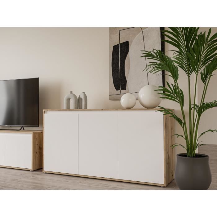 Aparador - SKELPE - Blanco mate y roble - 3 puertas + 3 estantes - 152,6 x 42 x 78,5 cm