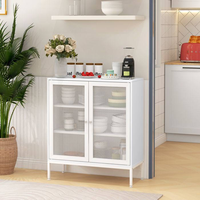 Kitchen sideboard - HOMCOM - 3 tiers - mesh doors - adjustable shelf - modern - for living room and dining room - white