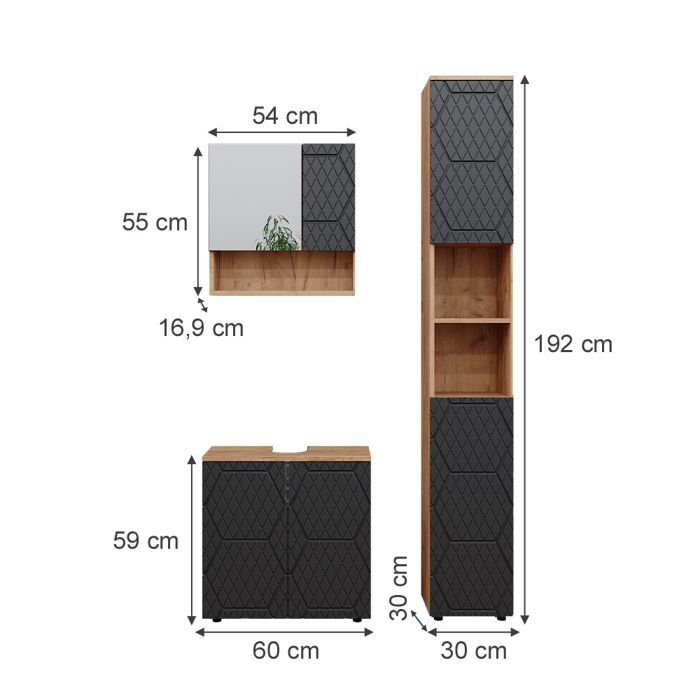 Set di mobili da bagno Irma composto da 3 pezzi, con mobiletto alto color antracite con struttura a nido d'ape, Vicco 47172