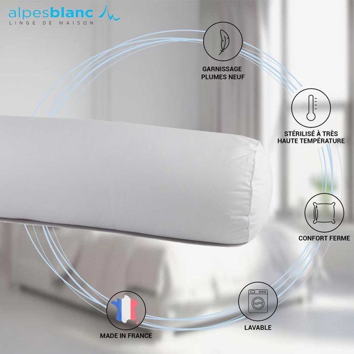 ALPES BLANC - Traversin en Plumes de canard - 90 cm - soutien mi-ferme et accueil moelleux - Confort et qualité Française