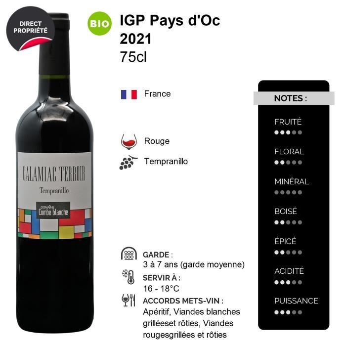 Pays d'Oc Calamiac Terroir Tempranillo Rouge 2021 - Bio - Lot de 6x75cl - Domaine Combe Blanche - Vin IGP Rouge du Languedoc -