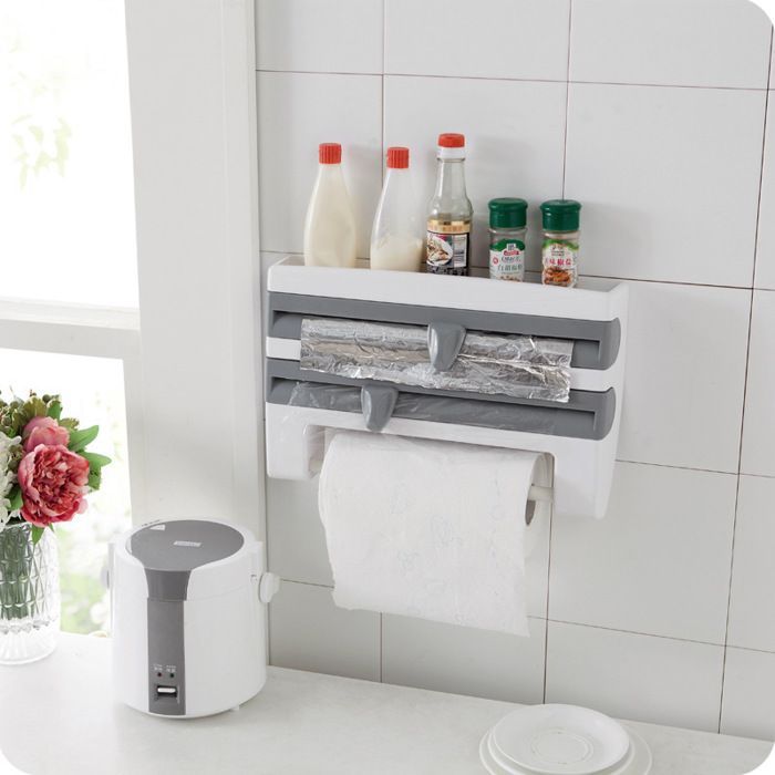 Wall-mounted cling film holder - paper roll holder with condiment holder