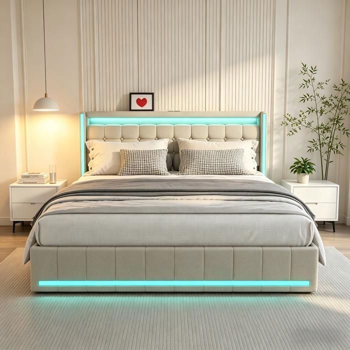 Cama doble tapizada de 160x200 cm con 4 cajones, cama para adultos con LED y carga USB, somier de láminas, tela de lino, color beige.