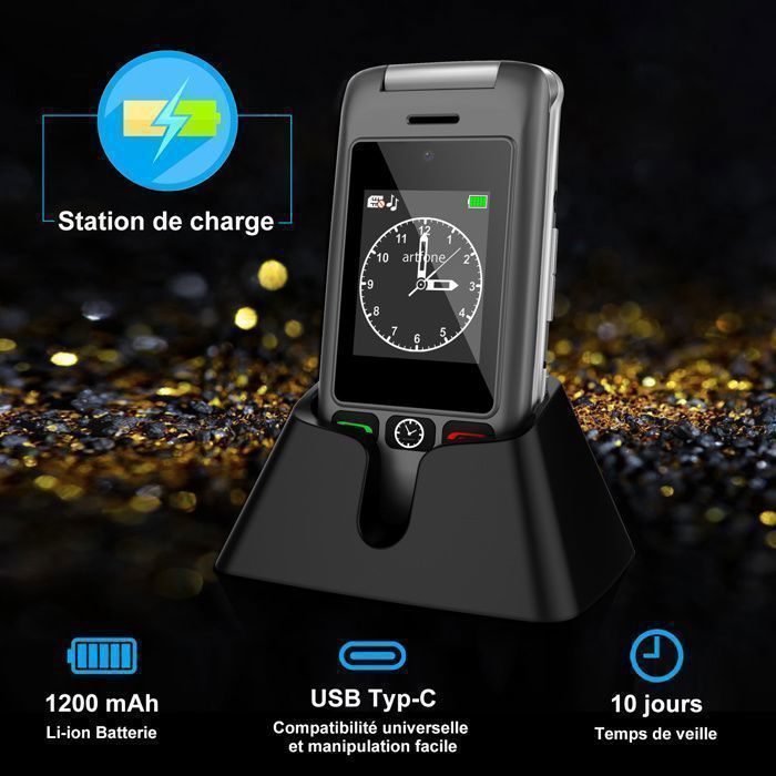 Artfone G6 4G Téléphone Clapet Portable Sénior,Grandes Touches, Bouton SOS,Radio FM,Radio FM ,Lampe Torche,Batterie 1200mAh