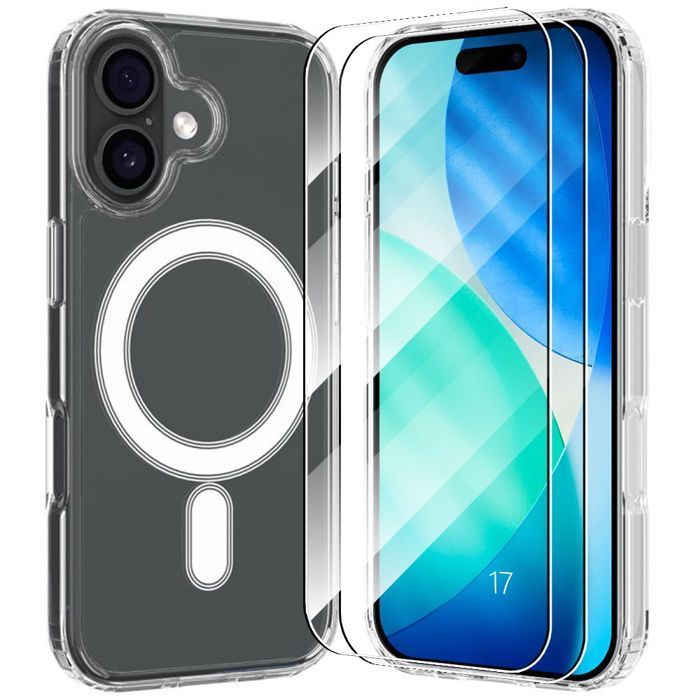 Capa protetora para iPhone 17 - BOOLING - Resistente a impactos - Transparente - 2 películas de vidro temperado - Anel magnético