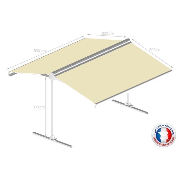Store double pente manuel 5x2x3 m - Toile beige et structure blanche satinée - GARDEN OMBRAZUR