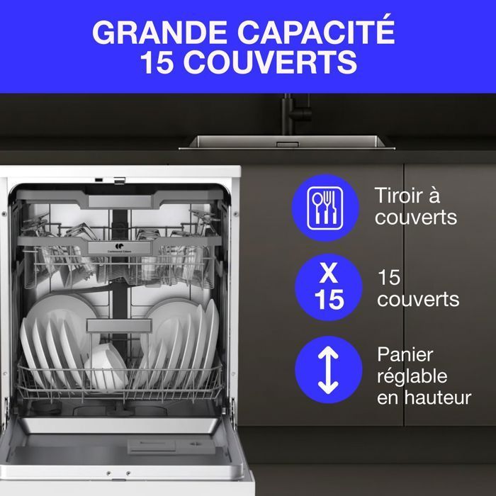 Lavavajillas independiente - CONTINENTAL EDISON - CELV1544IWP - 15 servicios - Inverter - 60 cm - 42 dB - Blanco