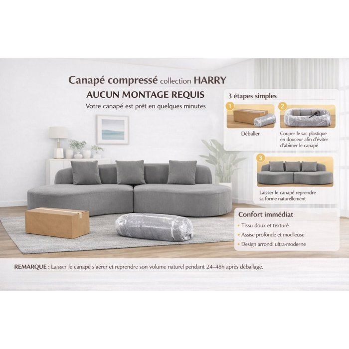 Sofá modular comprimido - 4 plazas - HARRY - Tela color crema beige - 313 x 134 x 75 cm