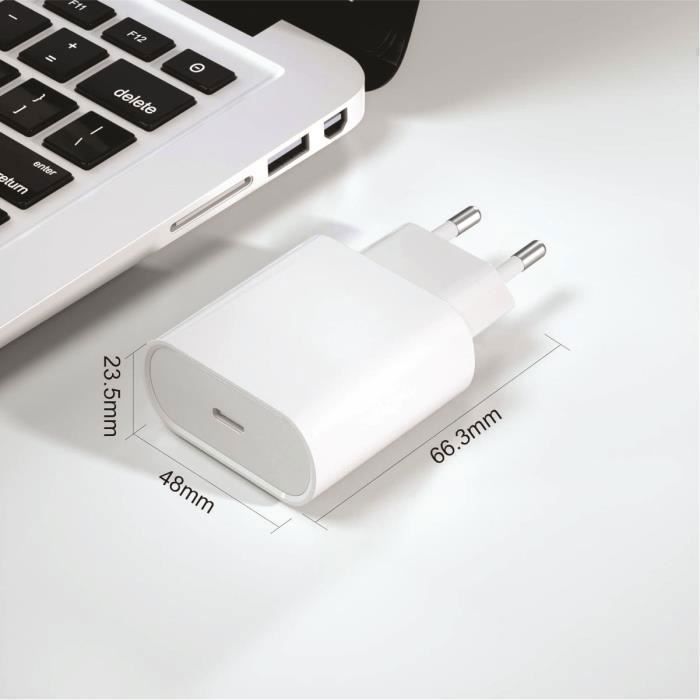 Cargador USB-C de 20 W - Apple - iPhone 14/13/12/11 - Cable de 2 m - Carga rápida - Blanco ZISONIX®