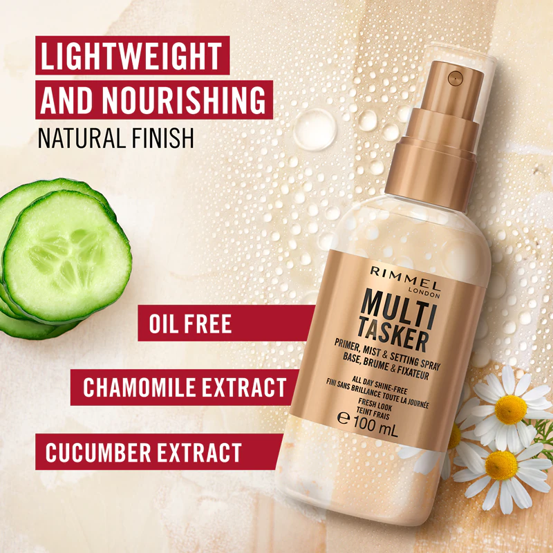 Base e spray fixador Rimmel Multi-Tasker em um só produto