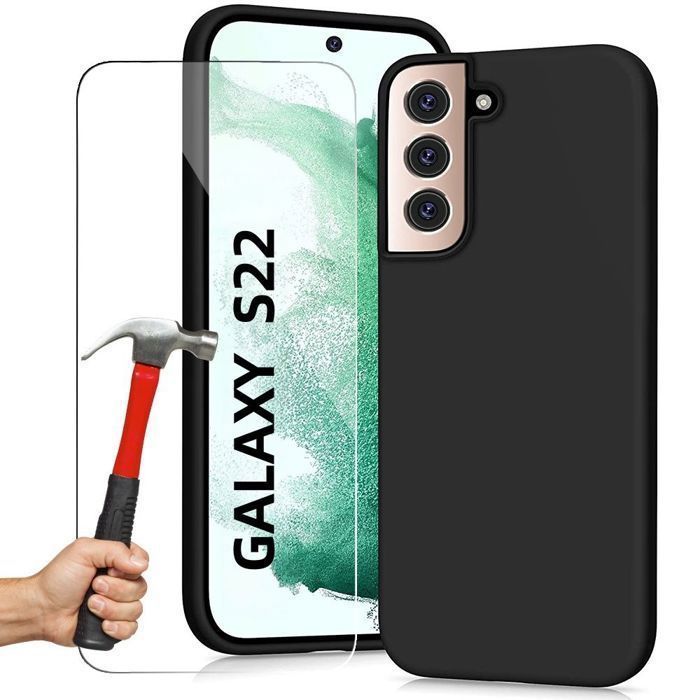 Protective Case - BOOLING - for Samsung Galaxy S22 - Liquid Silicone - Black + 2 Tempered Glass Screen Protectors