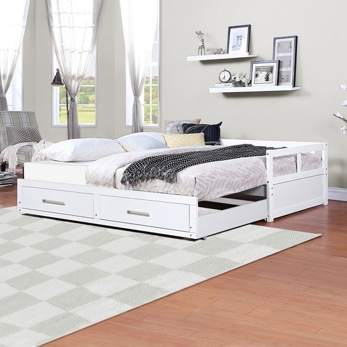 Cama para adultos, sofá cama convertible de 90/180x200 cm con cajones y somier de láminas, color blanco.