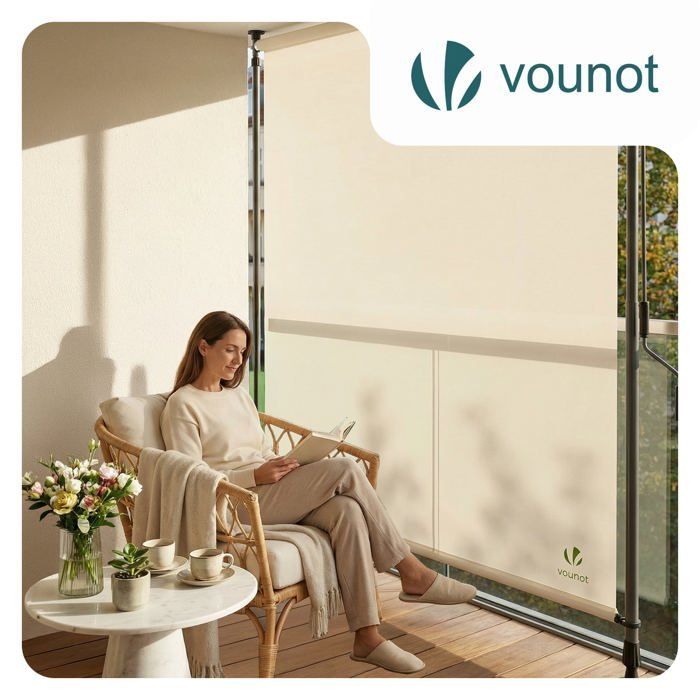 Persiana vertical VOUNOT®, sin necesidad de taladrar, 100x310cm, extensible - Pantalla de privacidad para exteriores para balcón, terraza, jardín - Poliéster - Beige
