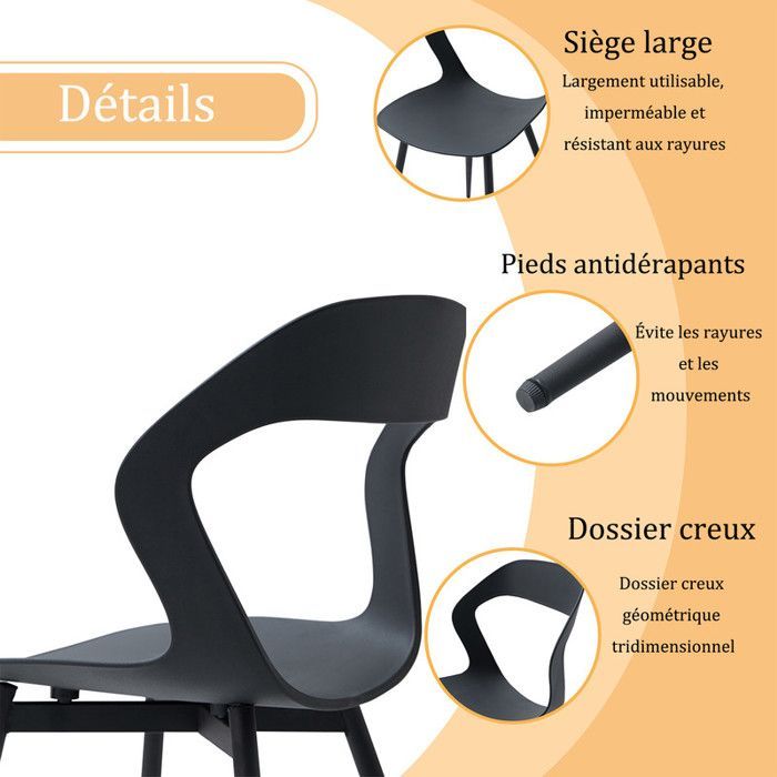 Lot de 6 Chaises de Salle à Manger - Style Scandinave - Chaise en Plastique Pieds Métal - Noir