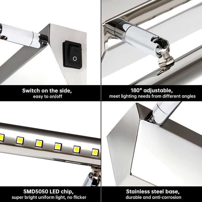 Lampe Salle de Bain Mirroir Acier Inoxydable LED 5W Applique Murale Lumière Tableau Étanche IP44 avec Interrupteur -Blanc Froid
